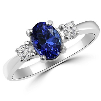Three Stone Tanzanite Fine Diamond Engagement Gold Ring