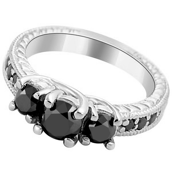 3-Stone Vintage Style Black Diamond Engagement Ring