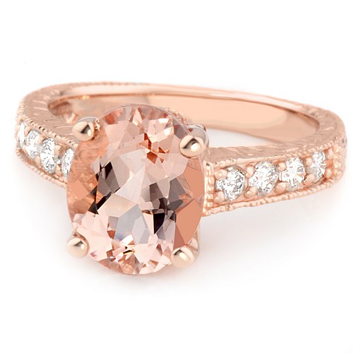 Antique Style Peach Pink Oval Morganite and Diamond Engagement Ring
