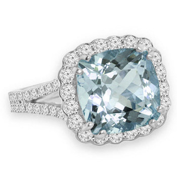 Blue Aquamarine Diamond Halo Engagement Split Ring