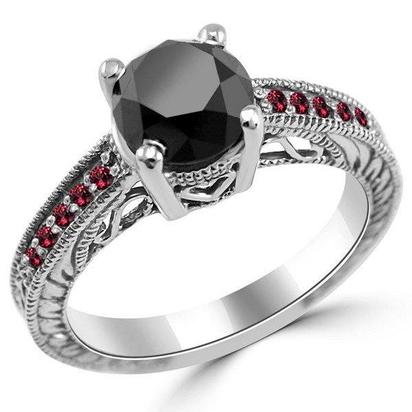 Black Diamond Ruby Antique Engagement Ring with Filigree