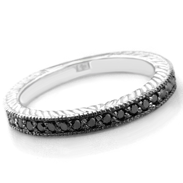 Fancy Antique Black Diamond Wedding Band Engraved Ring