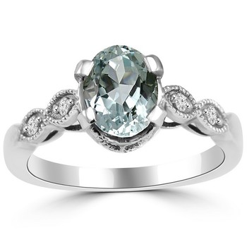 Antique Style Blue Aquamarine Diamond Engagement Ring