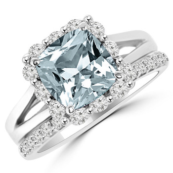 Diamond Halo Blue Aquamarine Engagement Ring Set