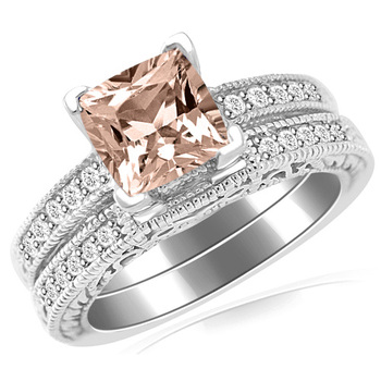 Cushion Cut Peach Pink Morganite Diamond Ring Set