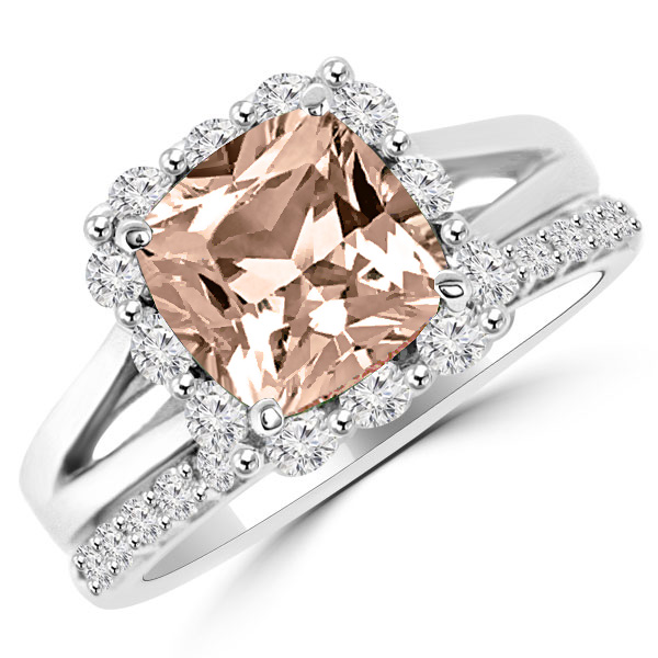 Cushion Cut Peach Pink Morganite Diamond Halo Engagement Wedding Ring Set