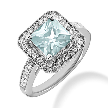 Blue Aquamarine Diamond Halo Engagement Ring