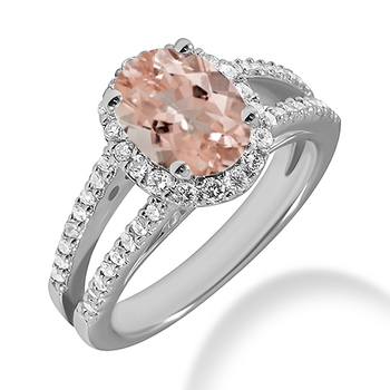 Diamond Halo Split Shank Pink Morganite Engagement Ring