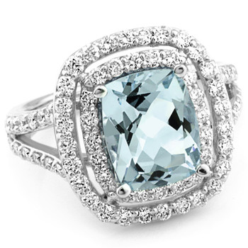 Split Shank Double Diamond Halo Blue Aquamarine Engagement Ring