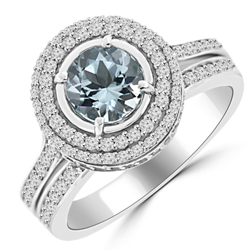 Diamond Halo Engagement Set Round Blue Aquamarine Ring