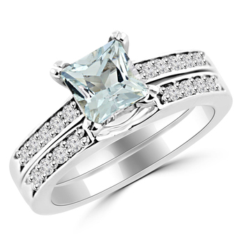 Engagement Set Princess Cut Aquamarine Diamond Ring