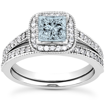 Blue Princess Cut Aquamarine Diamond Halo Engagement Ring Set