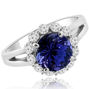 Fine Tanzanite Deep Blue Split Band Diamond Halo Engagement Ring