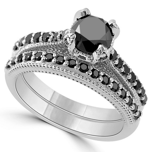 Floral Black Diamond Engagement and Wedding Ring Set