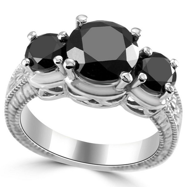 Large 3-Stone Black Diamond Engagement Ring Vintage Style