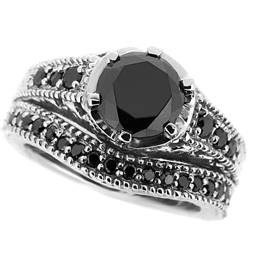 Matching Engagement Wedding Ring Set with Black Diamonds