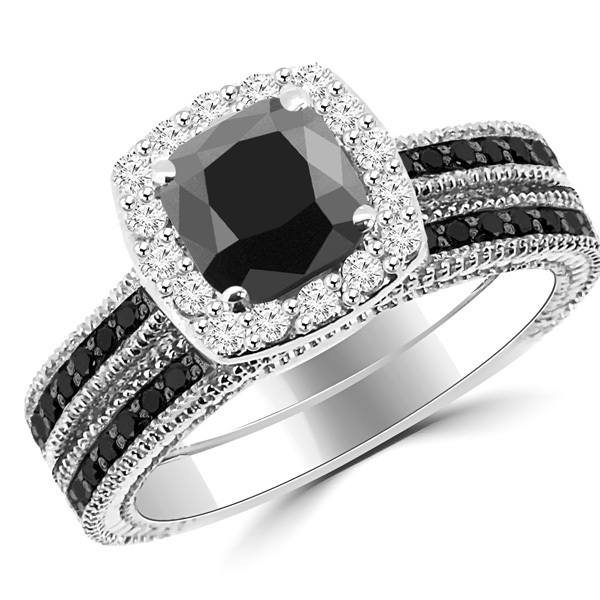 Matching Black Halo Diamond Engagement Wedding Ring Set