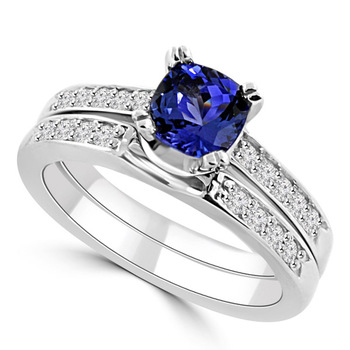 Cushion Matching Tanzanite Diamond Engagement Ring Set