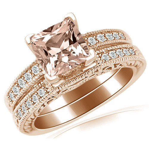 Cushion Peach Pink Morganite Vintage Engagement Ring Set in Rose Gold