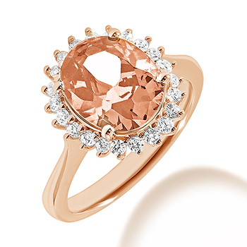 Peach Pink Oval Morganite Diamond Halo Ring
