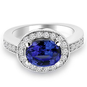 Oval Shape Tanzanite Fine Diamond Halo Engagement Ring