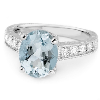 Oval Vintage Style 2 Carat Blue Aquamarine Diamond Engagement Ring