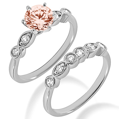 Round Peach Pink Morganite Diamond Engagement Ring Set