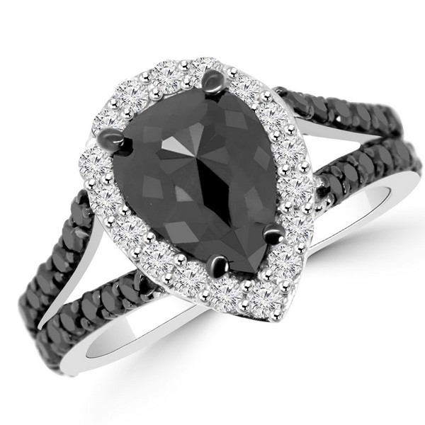 Pear Cut Black Diamond Halo Engagement Ring with Split Shank