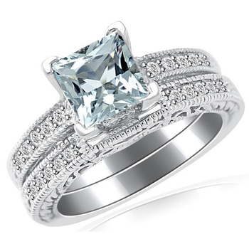 Antique Princess Cut Aquamarine Diamond Engagement Ring Set