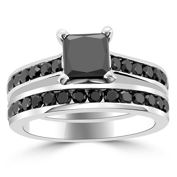 Princess Black Diamond Channel Engagement and Wedding Ring Set