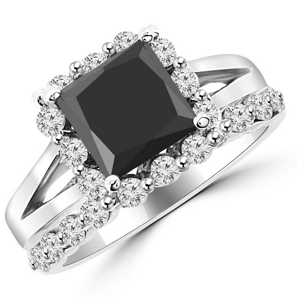 Princess Cut Black Diamond Halo Matching Engagement Ring Set