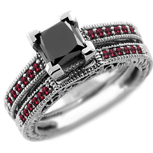 Princess Cut Black Diamond Ruby Engagement Ring Set