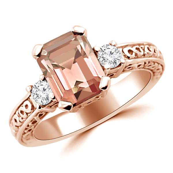 Rectangular Peach Pink Morganite Diamond 3-Stone Engagement Ring Rose Gold