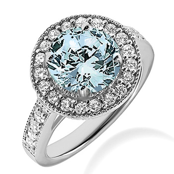 Diamond Halo Round Blue Aquamarine Engagement Ring