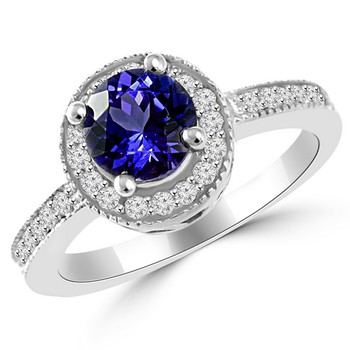 Round Deep Blue Fine Tanzanite Diamond Halo Engagement Ring