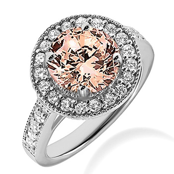 Round Peach Morganite Diamond Halo Engagement Ring