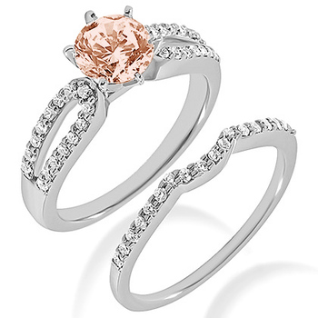 Split Shank Peach Morganite Diamond Engagement Ring Set
