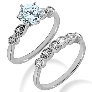 Matching Unique Blue Aquamarine Diamond Engagement Ring Set