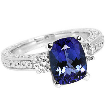 Vintage Style Three Stone Tanzanite Diamond Engagement Ring