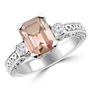 Vintage 3 Stone Diamond Peach Morganite Engagement Ring