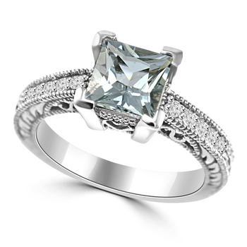 Princess Cut Vintage Blue Aquamarine Diamond Engagement Ring