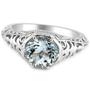 Solitaire Vintage Inspired Blue Aquamarine Diamond Engagement Ring