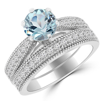 Vintage Blue Aquamarine Diamond Engagement Ring Set