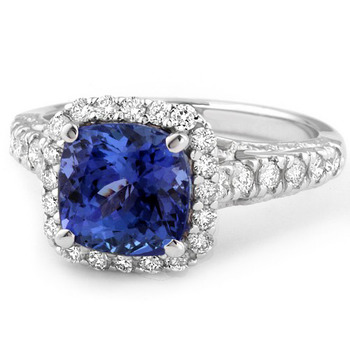Diamond Halo Cushion Tanzanite Vintage Style Engagement Ring